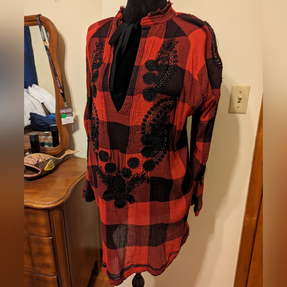 Free People buffalo plaid embellished gauze holiday ling sleeve top